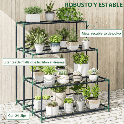 Outsunny Suporte para Plantas de 4 Níveis Estante para Plantas de Aço Design em Escada Suporte para Vasos para Interior e Exterior Jardim Varanda e Pátio, 94x84x110 cm Verde Escuro