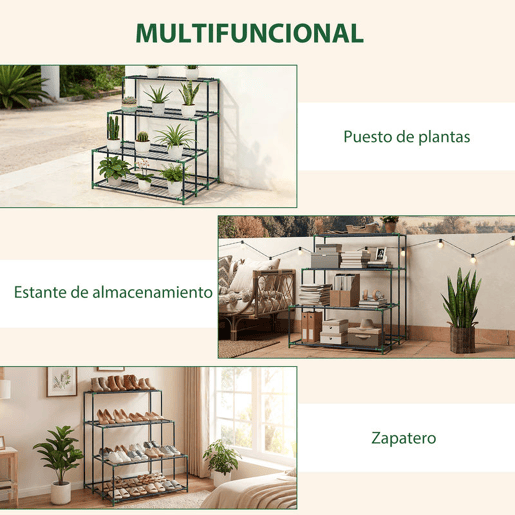 Outsunny Suporte para Plantas de 4 Níveis Estante para Plantas de Aço Design em Escada Suporte para Vasos para Interior e Exterior Jardim Varanda e Pátio, 94x84x110 cm Verde Escuro