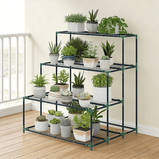 Outsunny Suporte para Plantas de 4 Níveis Estante para Plantas de Aço Design em Escada Suporte para Vasos para Interior e Exterior Jardim Varanda e Pátio, 94x84x110 cm Verde Escuro