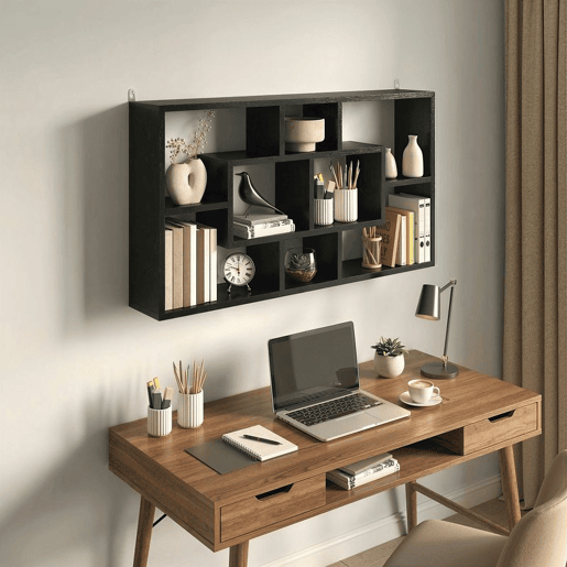 HOMCOM Estante de Parede Decorativa, Estante para Livros CDs Prateleiras Flutuantes com 8 Cubos 85x14,5x47,5 cm Suporta 20kg para Escritório Estudo Sala Preto