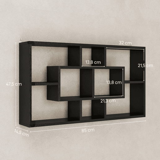 HOMCOM Estante de Parede Decorativa, Estante para Livros CDs Prateleiras Flutuantes com 8 Cubos 85x14,5x47,5 cm Suporta 20kg para Escritório Estudo Sala Preto
