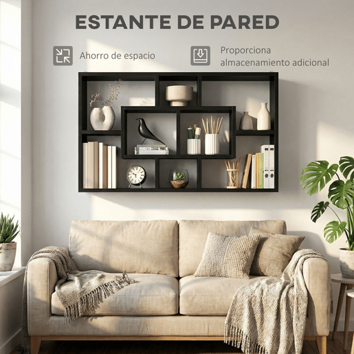HOMCOM Estante de Parede Decorativa, Estante para Livros CDs Prateleiras Flutuantes com 8 Cubos 85x14,5x47,5 cm Suporta 20kg para Escritório Estudo Sala Preto