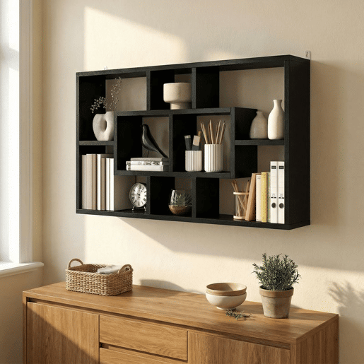 HOMCOM Estante de Parede Decorativa, Estante para Livros CDs Prateleiras Flutuantes com 8 Cubos 85x14,5x47,5 cm Suporta 20kg para Escritório Estudo Sala Preto