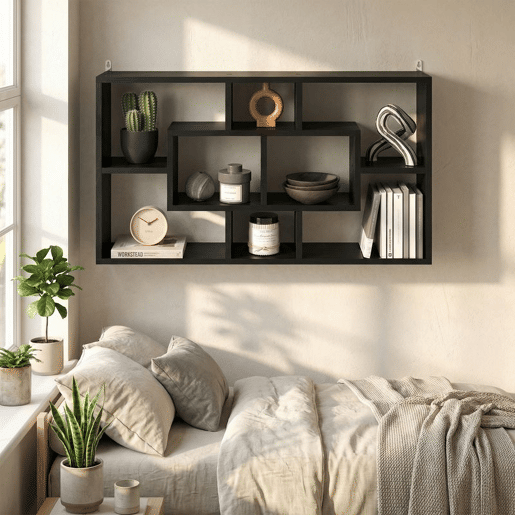 HOMCOM Estante de Parede Decorativa, Estante para Livros CDs Prateleiras Flutuantes com 8 Cubos 85x14,5x47,5 cm Suporta 20kg para Escritório Estudo Sala Preto