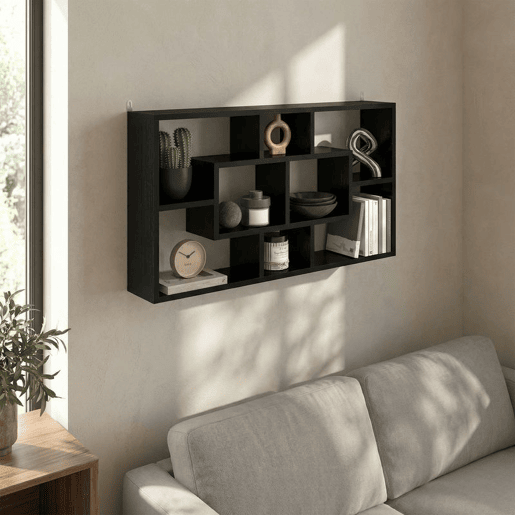 HOMCOM Estante de Parede Decorativa, Estante para Livros CDs Prateleiras Flutuantes com 8 Cubos 85x14,5x47,5 cm Suporta 20kg para Escritório Estudo Sala Preto