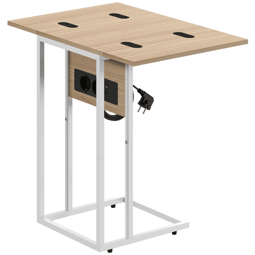 HOMCOM Mesa Auxiliar com Estação de Carga Mesa Auxiliar para Sofá com Tampo Dobrável e Pés Ajustáveis Mesinha Auxiliar para Sala Quarto 39x29x57 cm Branco e Madeira