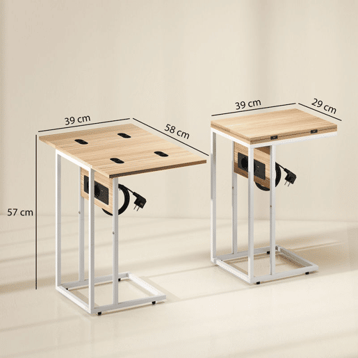 HOMCOM Mesa Auxiliar com Estação de Carga Mesa Auxiliar para Sofá com Tampo Dobrável e Pés Ajustáveis Mesinha Auxiliar para Sala Quarto 39x29x57 cm Branco e Madeira