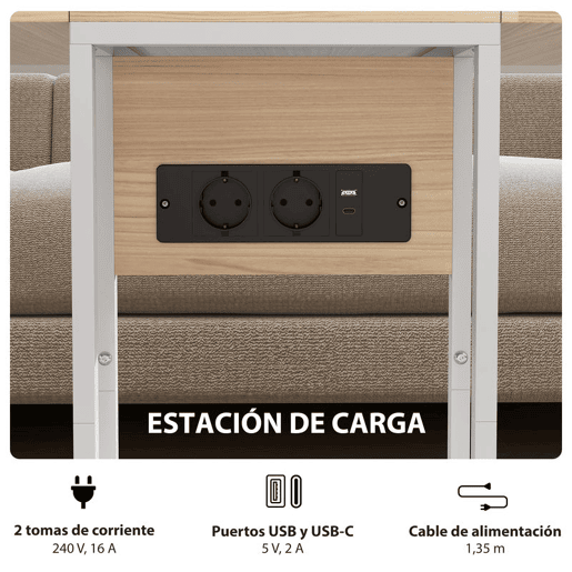 HOMCOM Mesa Auxiliar com Estação de Carga Mesa Auxiliar para Sofá com Tampo Dobrável e Pés Ajustáveis Mesinha Auxiliar para Sala Quarto 39x29x57 cm Branco e Madeira