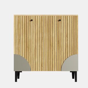 Sapateira moderna 90x32x94 cm - 3 portas, prateleira, estrutura preta, decoração cinzenta - Madeira clara