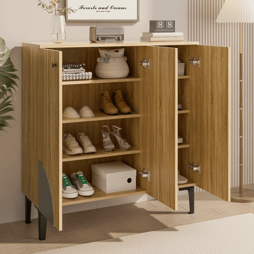 Sapateira moderna 90x32x94 cm - 3 portas, prateleira, estrutura preta, decoração cinzenta - Madeira clara