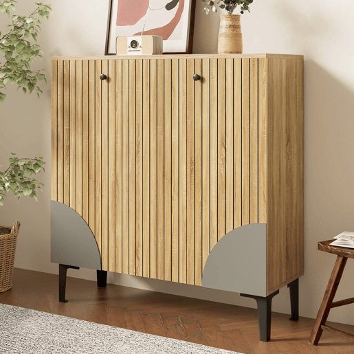 Sapateira moderna 90x32x94 cm - 3 portas, prateleira, estrutura preta, decoração cinzenta - Madeira clara