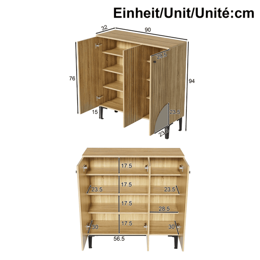 Sapateira moderna 90x32x94 cm - 3 portas, prateleira, estrutura preta, decoração cinzenta - Madeira clara
