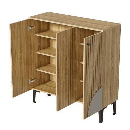 Sapateira moderna 90x32x94 cm - 3 portas, prateleira, estrutura preta, decoração cinzenta - Madeira clara
