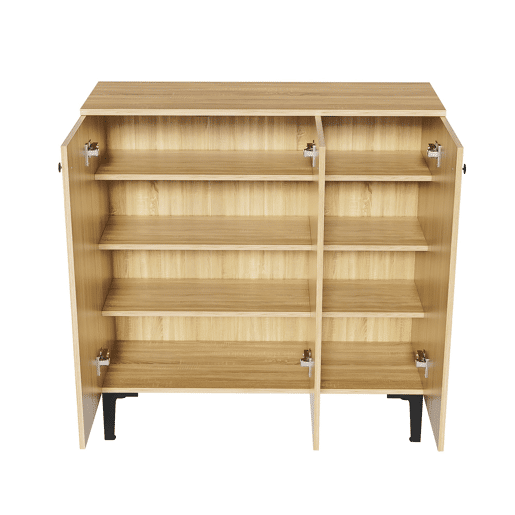 Sapateira moderna 90x32x94 cm - 3 portas, prateleira, estrutura preta, decoração cinzenta - Madeira clara