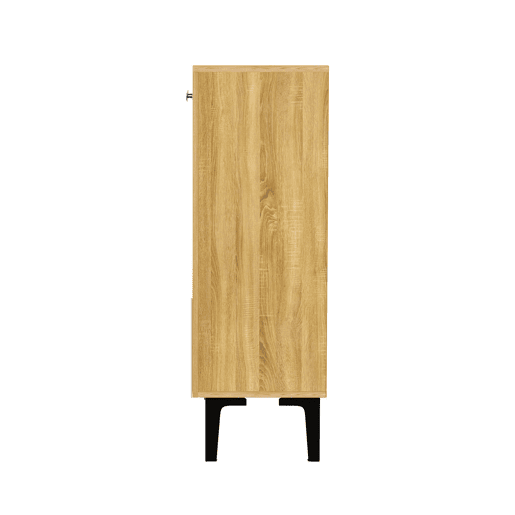 Sapateira moderna 90x32x94 cm - 3 portas, prateleira, estrutura preta, decoração cinzenta - Madeira clara