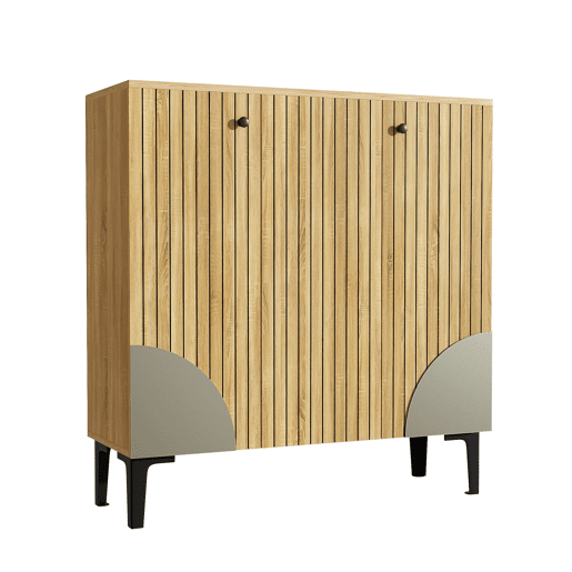 Sapateira moderna 90x32x94 cm - 3 portas, prateleira, estrutura preta, decoração cinzenta - Madeira clara