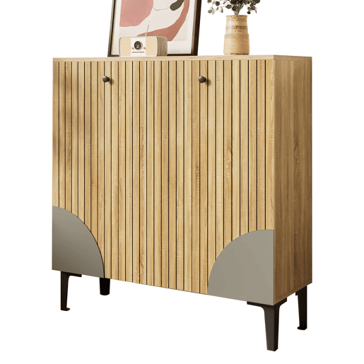 Sapateira moderna 90x32x94 cm - 3 portas, prateleira, estrutura preta, decoração cinzenta - Madeira clara