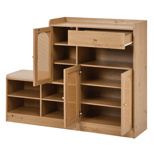 Sapateira com banco 142x35x110 cm - 3 portas de rattan, 1 gaveta, assento almofadado - Natural Sapateira com banco 142x35x110 cm - 3 portas de rattan, 1 gaveta, assento almofadado - Natural