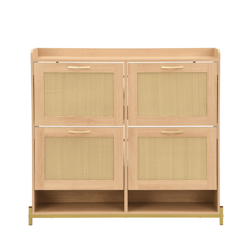 Sapateira de 4 portas - Rattan, metal e prateleira superior - Carvalho claro