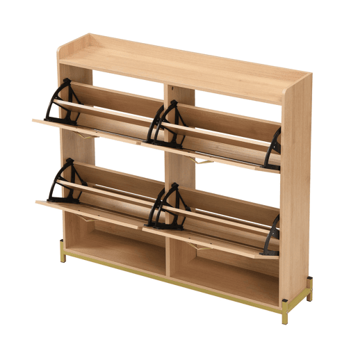 Sapateira de 4 portas - Rattan, metal e prateleira superior - Carvalho claro
