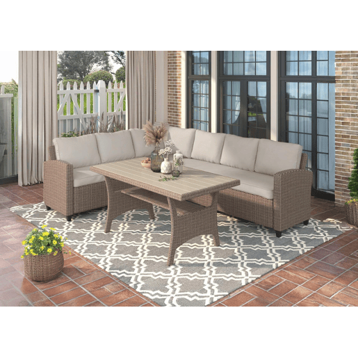 Sofá de Canto + Mesa em Rattan PE Marrom. Móveis de Jardim e Exterior, 237cm Sofá de Canto + Mesa em Rattan PE Marrom. Móveis de Jardim e Exterior, 237cm