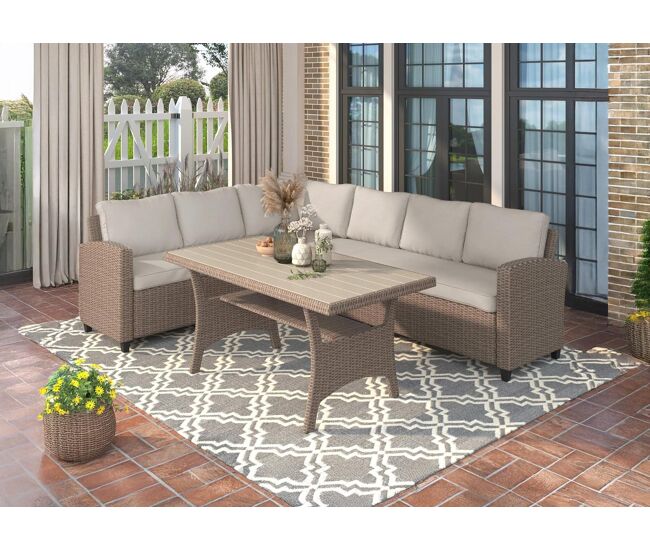 Sofa rinconera + mesa de ratan pe marron. muebles de jardin y terraza 237cm