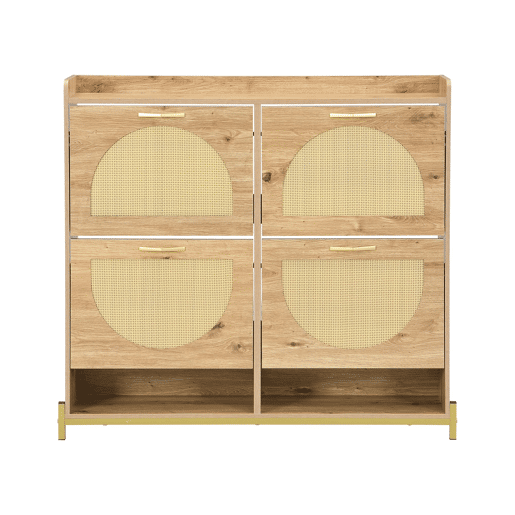 Sapateira 108,5x24x100 cm - 4 portas com rattan, estrutura metálica e prateleira superior - Carvalho claro