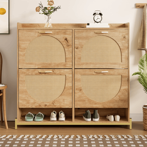 Sapateira 108,5x24x100 cm - 4 portas com rattan, estrutura metálica e prateleira superior - Carvalho claro