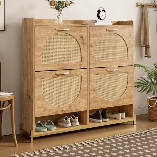 Sapateira 108,5x24x100 cm - 4 portas com rattan, estrutura metálica e prateleira superior - Carvalho claro