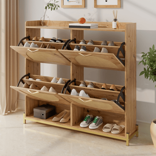 Sapateira 108,5x24x100 cm - 4 portas com rattan, estrutura metálica e prateleira superior - Carvalho claro