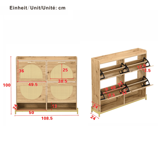 Sapateira 108,5x24x100 cm - 4 portas com rattan, estrutura metálica e prateleira superior - Carvalho claro