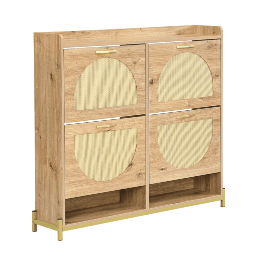 Sapateira 108,5x24x100 cm - 4 portas com rattan, estrutura metálica e prateleira superior - Carvalho claro