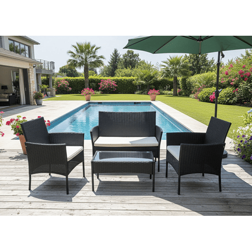 Conjunto de sofá, mesa e 2 cadeiras em rattan PE. Mobiliário para jardim e pátio.