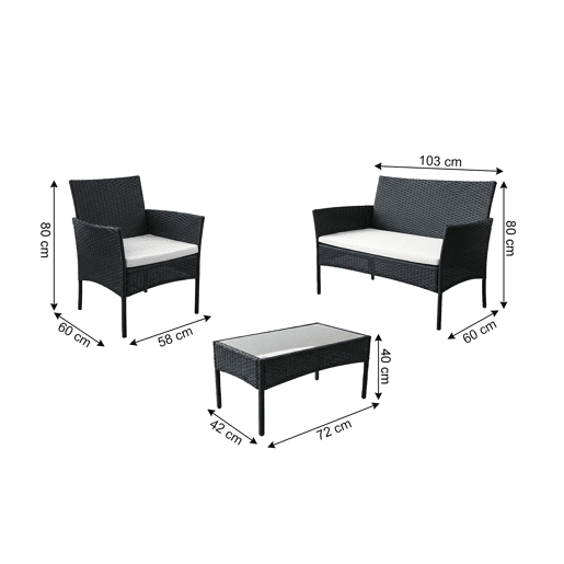 Conjunto de sofá, mesa e 2 cadeiras em rattan PE. Mobiliário para jardim e pátio.