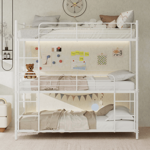 Cama tripla metálica - segura com grade contínua e escada incorporada - Branca