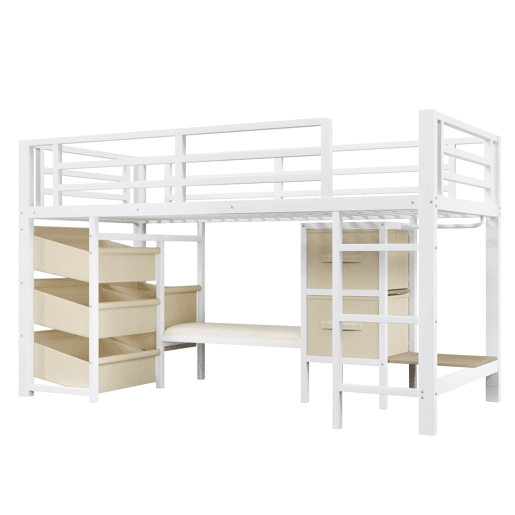 Cama individual 90x200 cm - Cama alta com arrumação, LED multicolorido, metal, sem colchão - Branco Cama individual 90x200 cm - Cama alta com arrumação, LED multicolorido, metal, sem colchão - Branco
