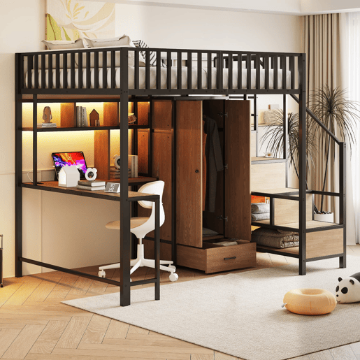 Cama alta metálica 140x200 cm - Secretária, estante, armário, gavetas, LED, Preto
