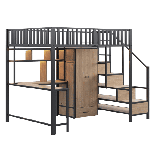 Cama alta metálica 140x200 cm - Secretária, estante, armário, gavetas, LED, Preto
