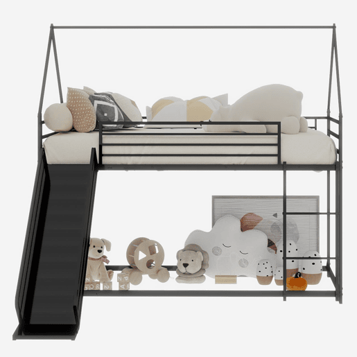 Cama alta dupla para crianças - com escorregador e formato de casa, sem colchão - Preto