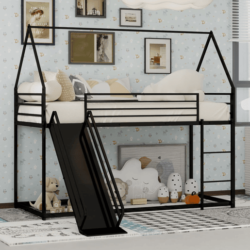 Cama alta dupla para crianças - com escorregador e formato de casa, sem colchão - Preto
