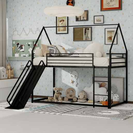 Cama alta dupla para crianças - com escorregador e formato de casa, sem colchão - Preto