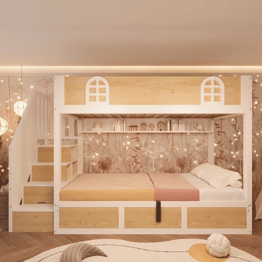 Beliche infantil 90x200 cm - com escada e arrumação, segurança, sem colchão - branco e natural