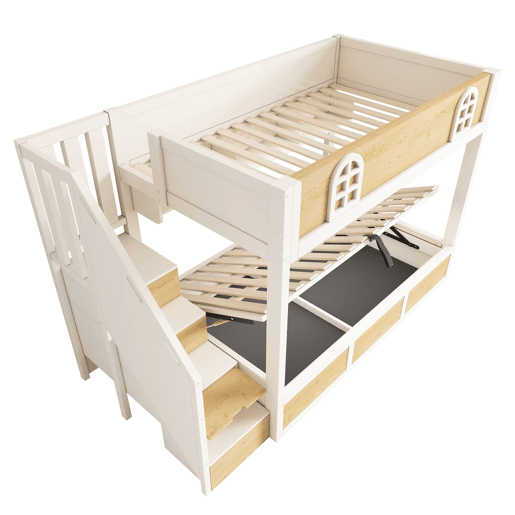 Beliche infantil 90x200 cm - com escada e arrumação, segurança, sem colchão - branco e natural