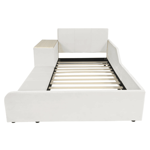 Cama individual estofada 90x200 - Secretária e banco, cabeceira macia, estrado de madeira - Branco