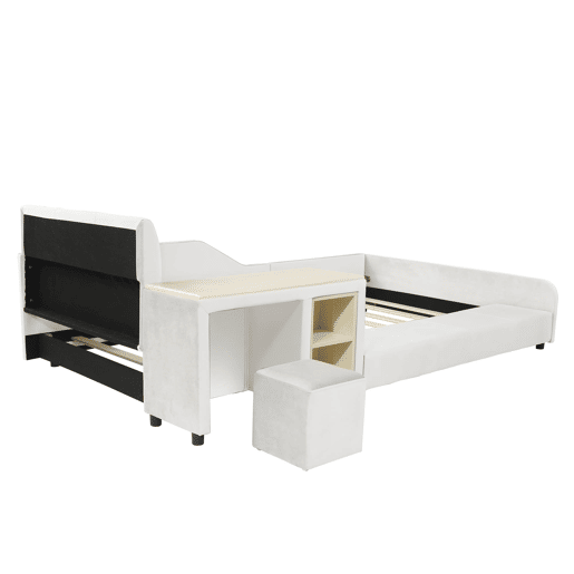 Cama individual estofada 90x200 - Secretária e banco, cabeceira macia, estrado de madeira - Branco
