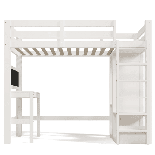 Cama individual alta 90x200 - secretária, armário aberto e prateleiras, com proteção - branco