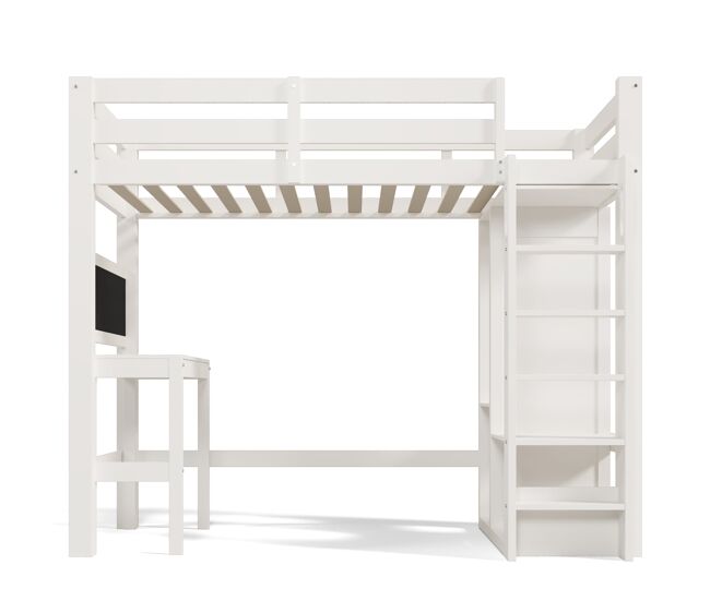 Cama individual alta 90x200 - escritorio, armario abierto y estanterías, con protección - blanco