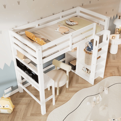 Cama individual alta 90x200 - secretária, armário aberto e prateleiras, com proteção - branco
