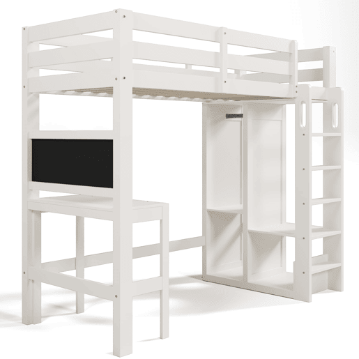 Cama individual alta 90x200 - secretária, armário aberto e prateleiras, com proteção - branco