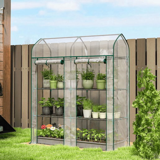 Outsunny Estufa Pequena de 3 Níveis, Estufa de Exterior com 2 Portas Enroláveis, Estrutura de Aço e Cobertura de Plástico Anti-UV para Cultivo de Plantas, Flores, 143x46x165 cm, Transparente